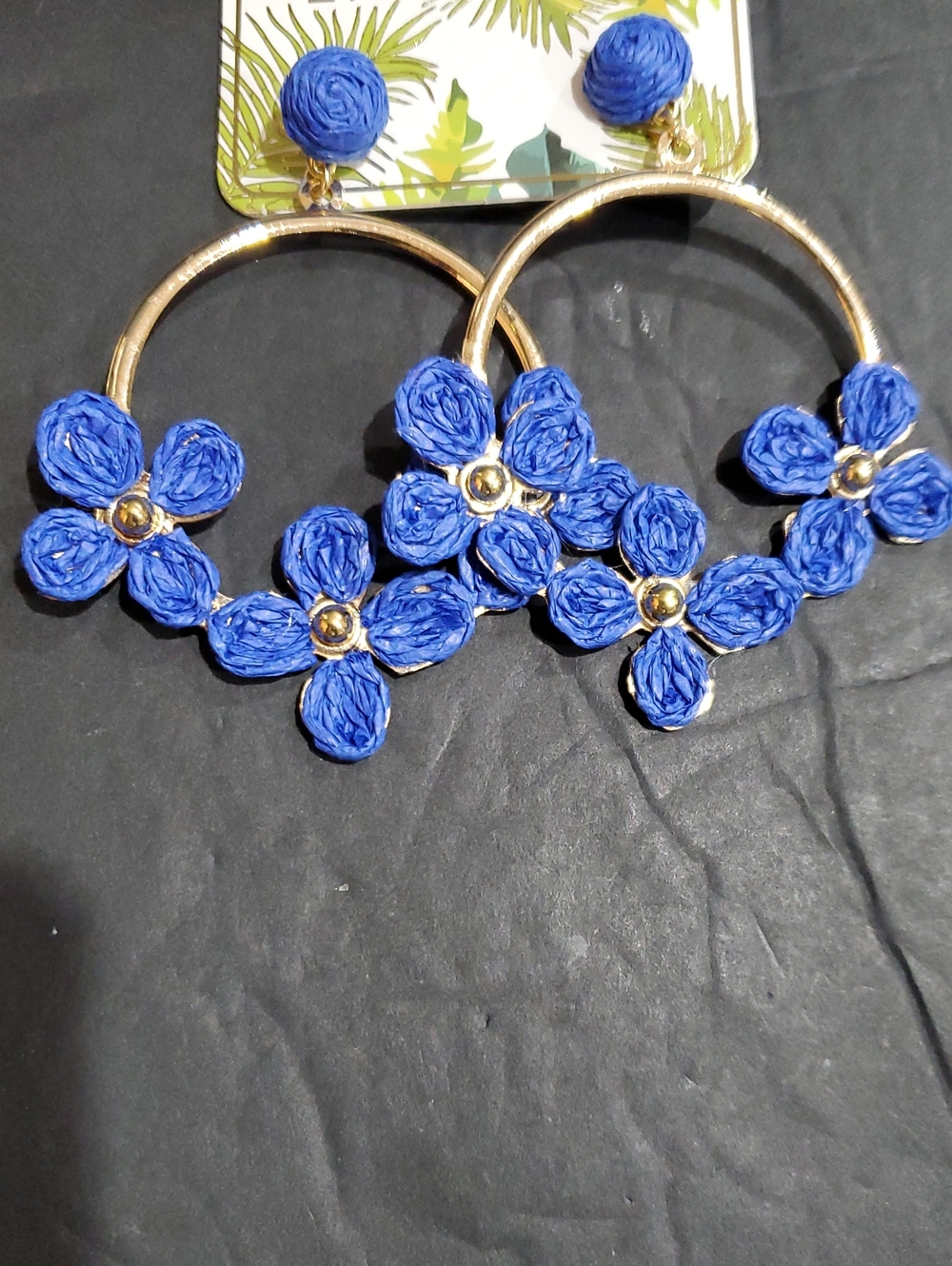 Blue raffia flowers adorned gold hoop dangling twoโ tiered earrings brand new